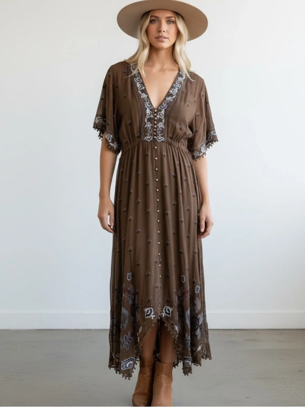 0121. NEW Free People Thelma Olive Brown Embroidered Coin-Embellished Maxi Dress